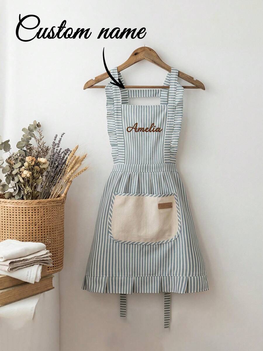 Customized Personalized Apron, Embroidered Apron With Customizable Name, Striped Apron With Pockets | Suitable For Cooking Parties | Birthday Gift