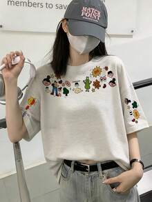 New Summer Gen Z Y2K Style Girls Fun Cartoon Sleeve Print Crew Neck Short Sleeve T-Shirt Casual Vacation - Light Gray - View 5