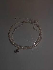1pc Rose Flower Pearl Double Layer Bracelet For Women, Suitable For Matching With Dresses, Daily Wear, Gift For Friends - Silver - View 4