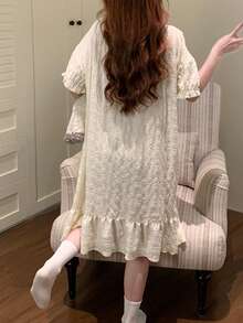 1pc Women's Nightgown, French Romantic Square Neck Pullover Comfortable Loungewear Dress, Suitable For Spring And Summer - Champagne - View 2