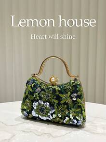1pc Dark Green Luxurious Glitter Sequin Embroidered Beaded Handbag, Rhinestone Clutch Bag, Evening Bag, Vintage Cheongsam Bag, Small Handbag, Fashionable Elegant Clutch Bag, Wedding Bridal Bag, Cocktail Party Evening Bag, Suitable For Evening Party, Banquet, Party, Wedding, Ball, Gathering, Cocktail Party For Women - Dark Green - View 4