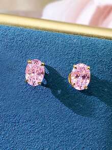 1 Pair Romantic Cubic Zirconia Stud Earrings For Women, Wedding Engagement Party Jewelry, Valentine's Day Gift - Gold + Pink - View 5