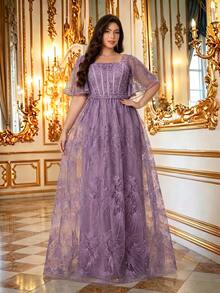 Summer/Fall Plus Size Elegant Dusty Pink Floral Lace Square Neck Flutter Sleeve Belted Beaded Maxi Dress For Wedding Guest, Party, Prom & Festival - Dusty Pink - View 7