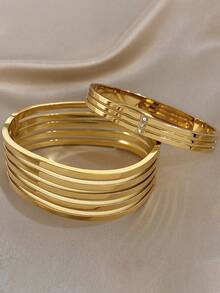 18k Gold Plated Stainless Steel, 5-Layer Wavy Stainless Steel Gold Bracelet, Women's Bracelet, Stainless Steel Jewelry, Designer Jewelry, High-Quality Luxury Jewelry, Thick Bracelet, Gold Plated Jewelry, Suitable For Daily, Date, Party, Holiday Season, Back To School Season, Summer Jewelry, Beach Jewelry, Women's Beach Accessories, Birthday Gift, Girlfriend Gift, Mother Gift, Bohemian Jewelry - Multicolor - View 5
