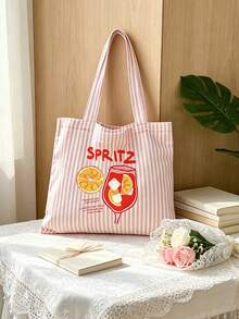 1/2pcs Striped Tote Bag And Makeup Bag, Printed With "Lemon" Pattern, Suitable For Vacation, Commute, Shopping, Gift For Family And Friends - Multicolor - View 3