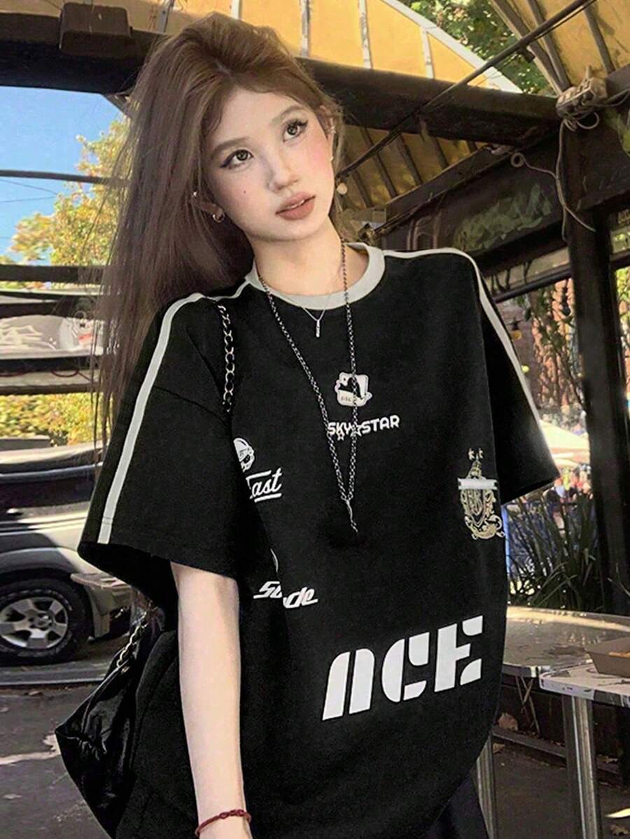 女款寬鬆條紋對比色字母印花短袖T恤,百搭休閒夏季上衣 - 黑與白 - 查看 1