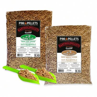 PINI Hardwood Pellets Oak 15Kg + Beech 15Kg for Grill Smoker Pizza Oven-