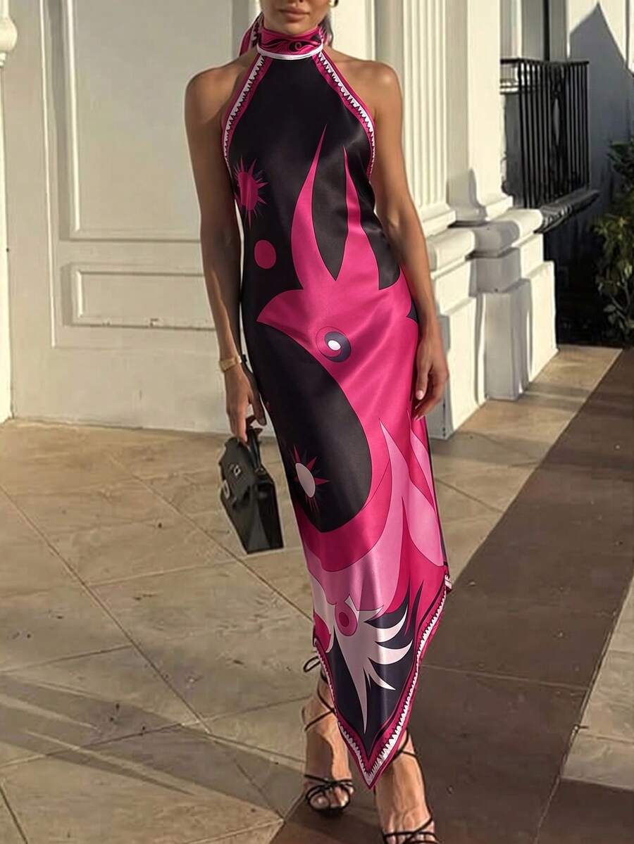 Gaun Cami Model Lilit Bermotif Musim Panas, Gaya Minimalis untuk Perjalanan Sehari-hari, Pakaian Liburan Musim Semi/Panas yang Elegan - MultiWarna - View 1