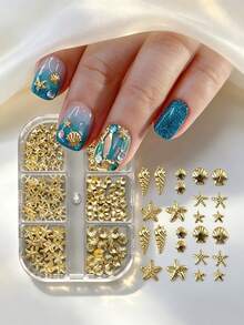 6-Grid Box Gold Ocean Metal Nail Art Charms, Starfish Shell Conch 3D Metal Nail Studs, Summer Beach Style DIY Nail Decoration Accessories - Gold - View 4