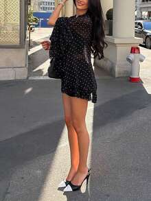 VIBEWAVE French Style Black Polka Dot Bow Collar Sheer Chiffon Blouse Women Multi-Layer Ruffle Flare Long Sleeve Top - Black - View 4