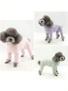Pet Dog Clothes Multi-Color Solid Fleece Home Wear Four-Legged Inner Shirt Anti-Shedding Base Layer Casual Comfortable Jumpsuit Suitable For Small Dogs Teddy Bichon Pomeranian Yorkshire Terrier Maltese All-Season Wear Apparel - Green - View 1