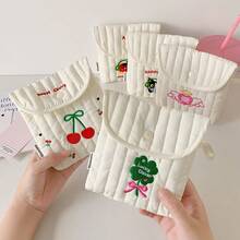 1pc Cute Cream White Quilted Sanitary Pad Storage Bag, Cartoon Embroidered Period Pad Organizer With Handle, Snap Button Flap Mini Makeup Pouch, Fits Lipstick, Hair Clips, Swabs, Portable Multi-Functional Storage Bag For Teenage Girls, Travel, College Dorm, Daily Use,Back To School - Multicolor - View 2