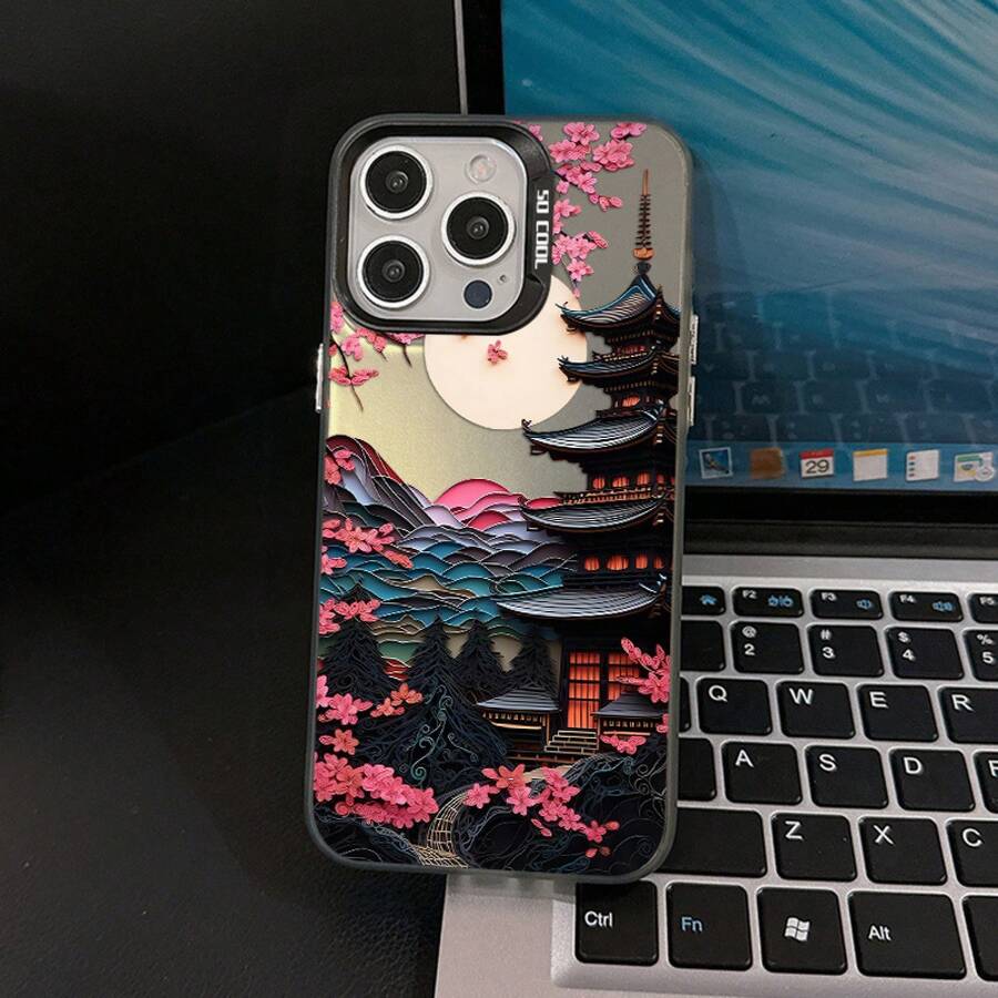 Japanese Ancient House Painting Phone Case, Compatible With IPhone 16 15 14 13 12 11 Pro Max X XR XSMAX 8 7 Plus, Anti-Drop Matte Back Cover - Translucent Black - View 1