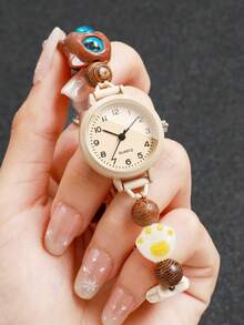 Women's Adjustable Beaded Strap Watch With Cat Head Accessory, Beige Digital Dial, Niche Quartz Wristwatch, Gift For Girlfriend (1pc/Set) Watch Box Not Included - Brown - View 2