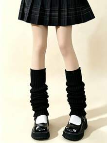 1/2 Pairs Girls Black & White Knitted Leg Warmers, Solid Color Vertical Stripe Ruffle Leg Leg Warmers, Elastic Calf Leg Warmers, Suitable For Matching With Skirts, All Seasons - Multicolor - View 6
