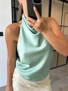 女款夏季露肩掛脖上衣，春季度假穿搭，緞面露背可愛街頭風上衣 - 淺藍色 - 查看 6