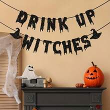 1pc Drink Up Witches Halloween Party Banner, Glitter Letter Banner With Spooky Black Hat Pattern, Perfect For Halloween Celebrations, No Electricity Needed, Halloween Decoration, Plastic Needle Random Color - Multicolor - View 2