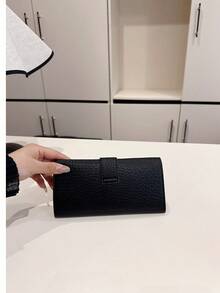 1件裝黑色荔枝紋長款時尚按扣女款經典復古三折錢包手機錢包輕便手拿包 - 黑色 - 查看 2