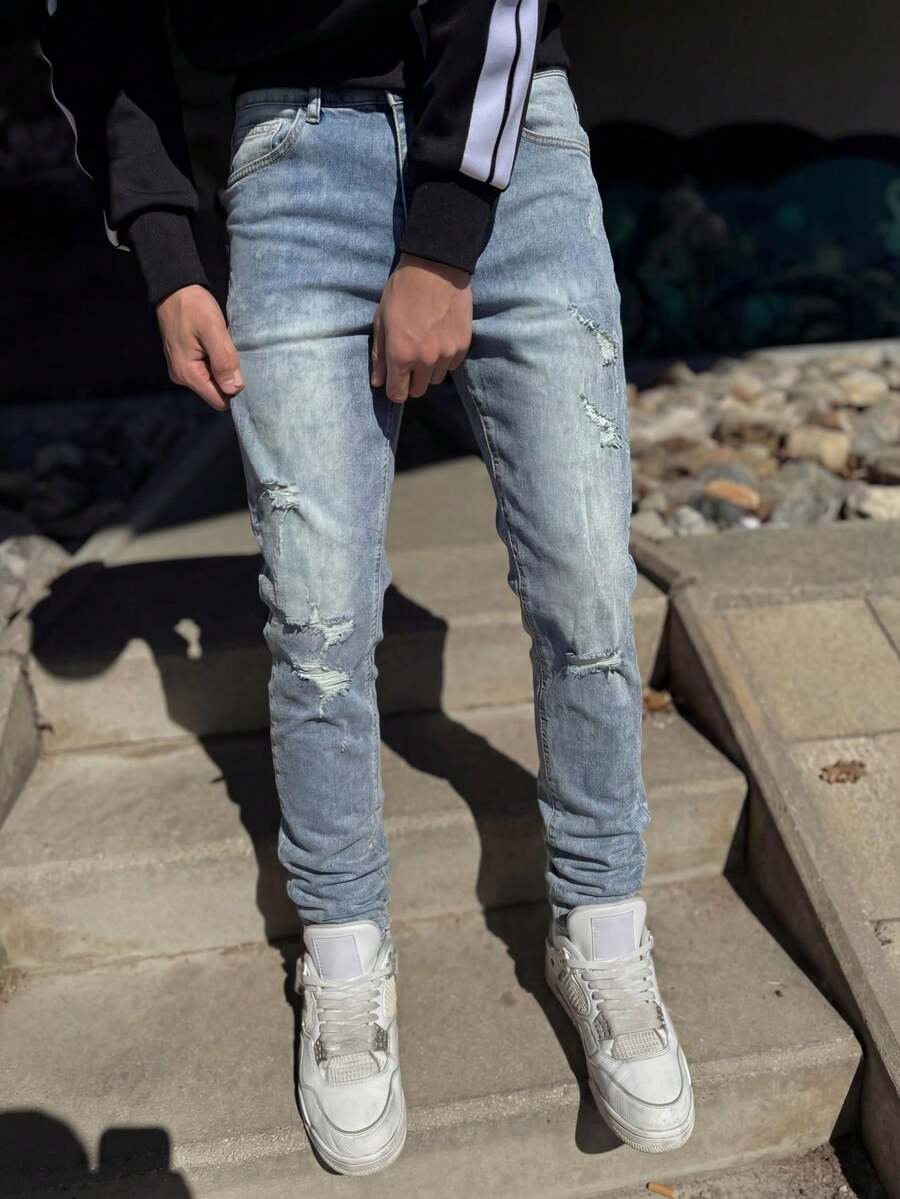 Slim Fit Distressed Stretch Denim Jeans, Blue Wash With Natural Fading And Multiple Frayed Ripped Details, Soft And Elastic Fabric, Creating A Rebellious Vintage Street Style - Blue - View 1