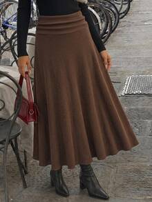Women's Solid Color Ruched Waist Casual Commute Skirt - Brown - View 5
