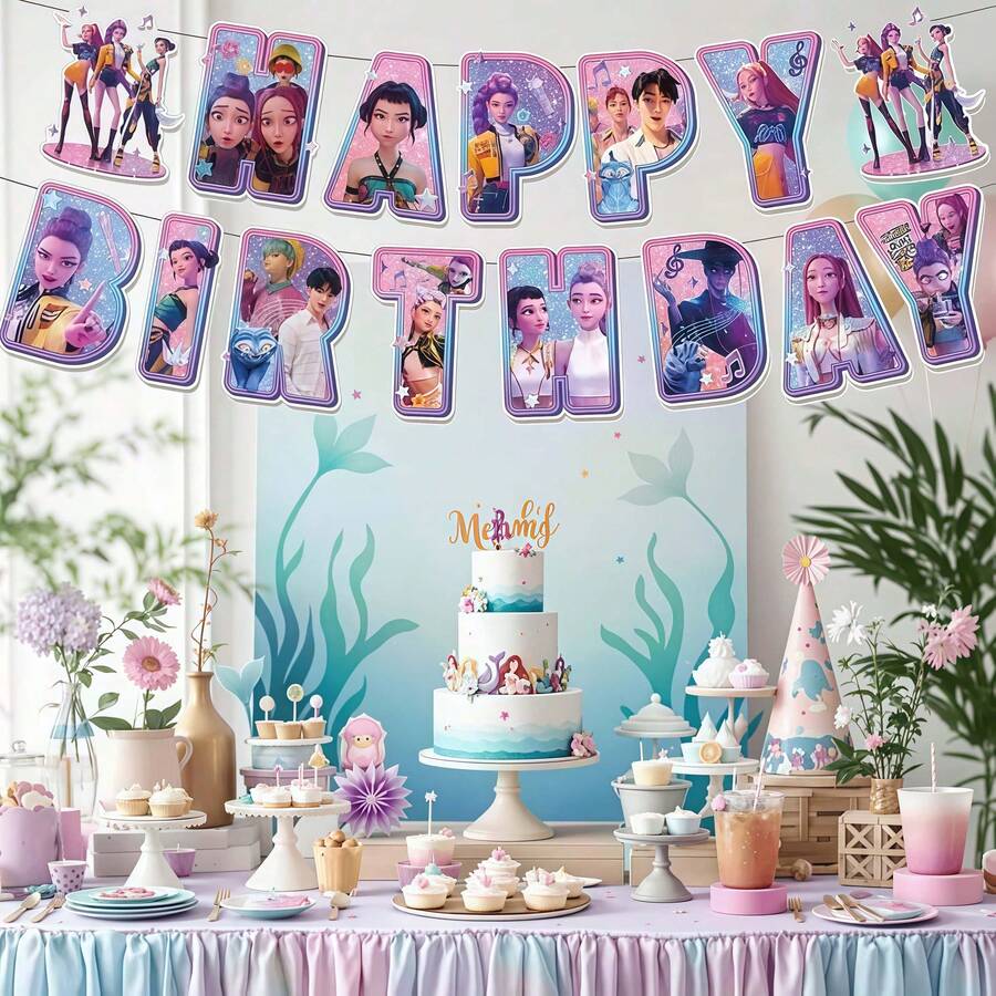 Mattel K-Pop Demon Hunter Birthday Theme Party Decoration Supplies Banner Bunting Cake Topper - Banner - View 1