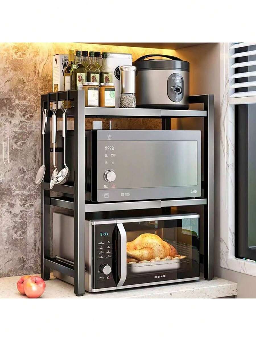 1pc Floor Standing Expandable Microwave Oven Rack, Multi-Layer Oven Countertop Storage Shelf, Adjustable Height Kitchen Organizer - Multicolor - View 1