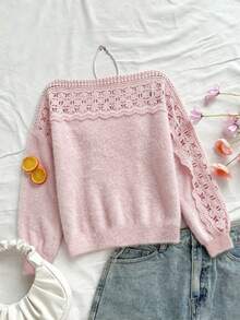 Casual Fashion Commute Daily Autumn/Winter Pure White Hollow Floral Pattern Patchwork Lantern Sleeve Women's Sweater - Pink - View 3