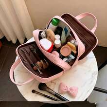 1 pieza Bolsa de maquillaje de PU con lunares 2026 nueva, organizador de cosméticos de viaje de 3 capas de gran capacidad, con bolsillos de malla multicapa, bolsa de aseo portátil para equipaje colgante, con asa resistente, adecuada para mujeres - lunares - Ver 4