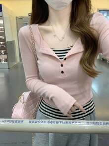 韓式修身對比色條紋拼接鈕扣設計女款內搭T恤上衣 - 粉色 - 查看 7
