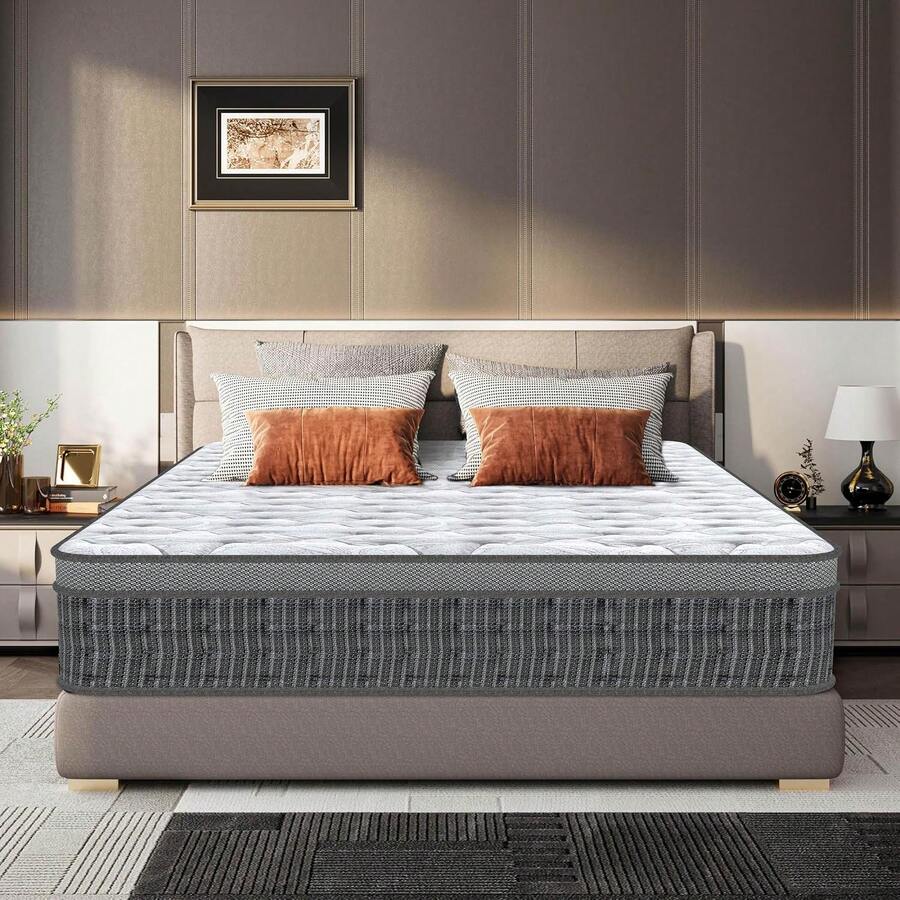 King Mattress 150x200x28 Cm, 11 Inch Innerspring Medium Firm Mattress 5FT With Pocket Spring And Breathable Foam + Memory Foam For Cool Comfort Sleep, 7-Zone Support, Edge Support, Motion Isolation - Grey - View 1