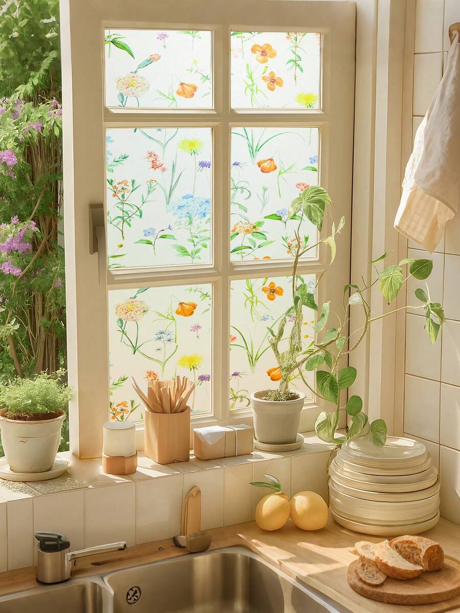 DIY Ins Style Girl's Room Glass Privacy Window Film, Anti-UV Sun Protection, Decorative Floral Print Static Cling Window Sticker For Room Makeover, Fresh Style Bathroom Glass Film - Multicolor - View 1