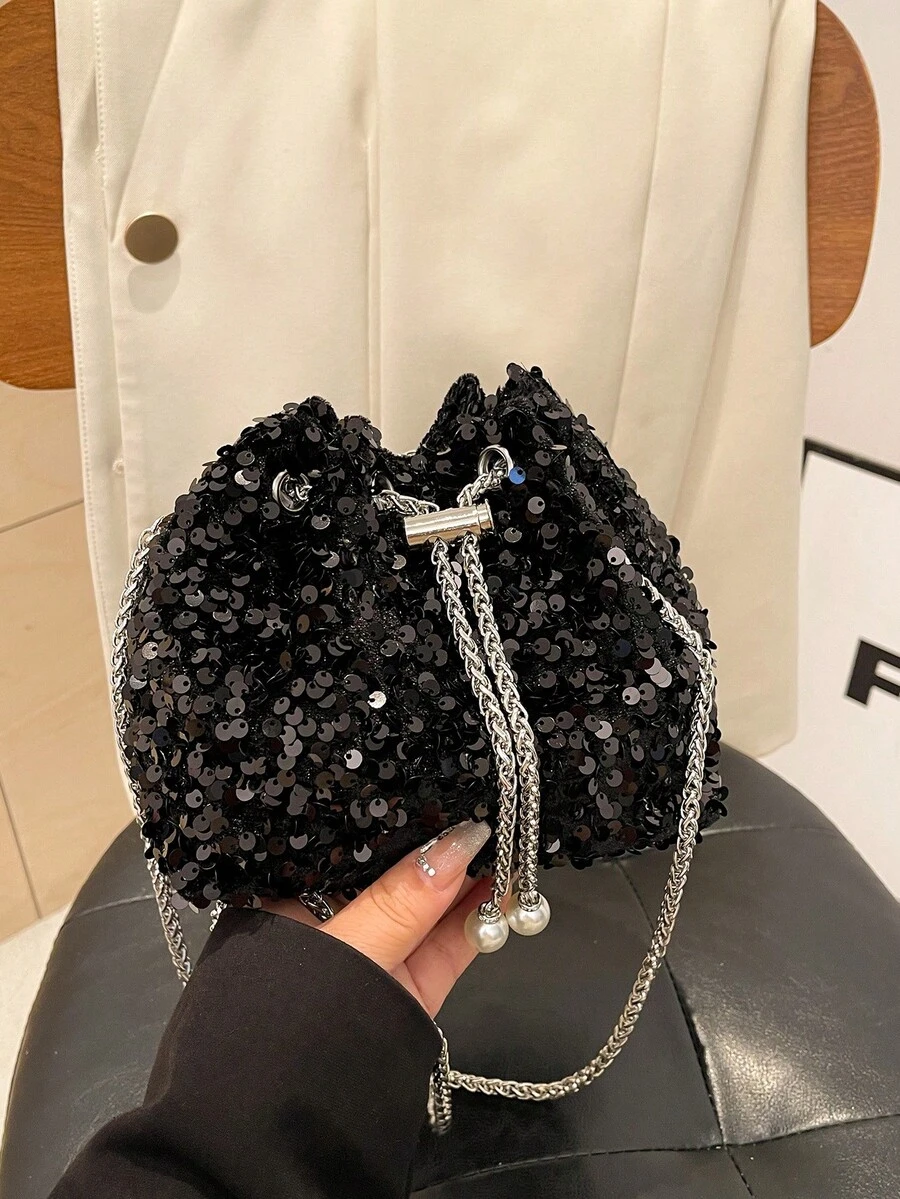 1件冬季新款豹紋棕色不對稱單肩包，毛絨材質金屬鏈條水桶包，適合派對、工作、通勤、購物、約會，聖誕禮物 - 黑色 - 查看 1