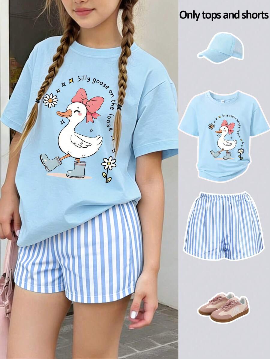 2pcs/Set Girls Cute Outfit, Goose & Bow & Rain Boots Print T-Shirt + Vertical Striped Shorts, Summer Activity Playful Pattern Set - Baby Blue - View 1