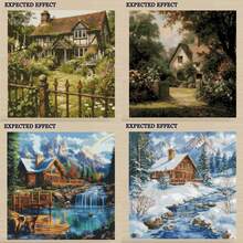 11/14CT Printed Cross Stitch Kit. Rustic Cabin & Natural Landscape Series. Relaxing DIY For Adult Beginners. Includes Fabric, Needles, Threads & Chart. Frameless. Handmade Wall Art Decor Gift. 40x40cm/15.7x15.7in. - Scenery - View 2