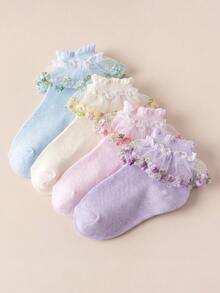 4雙女童四季款白色蕾絲荷葉邊襪，彩色刺繡玫瑰花與波浪邊飾，時尚校園公主舞襪，適合生日禮物/日常穿著/派對聚會/開學穿搭 - 彩色 - 查看 15