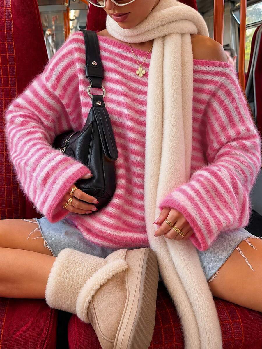 Sweater Bahu Asimetris Bergaris Blok Warna Modern Klasik Elegan Kasual untuk Wanita Musim Gugur/Dingin, Sweater Serbaguna untuk Semua Gaya, Atasan Musim Panas - MultiWarna - View 1