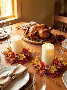 Autumn Candle Ring Wreath, Artificial Maple Leaves With Red Berries, Mixed Autumn Candle Holder Tabletop Centerpiece Decor, Yellow Orange Red Color Scheme, Round Candle Wreath, Suitable For Christmas, Thanksgiving, Wedding, Home, Dining Table, Party Decoration - Multicolor - View 4