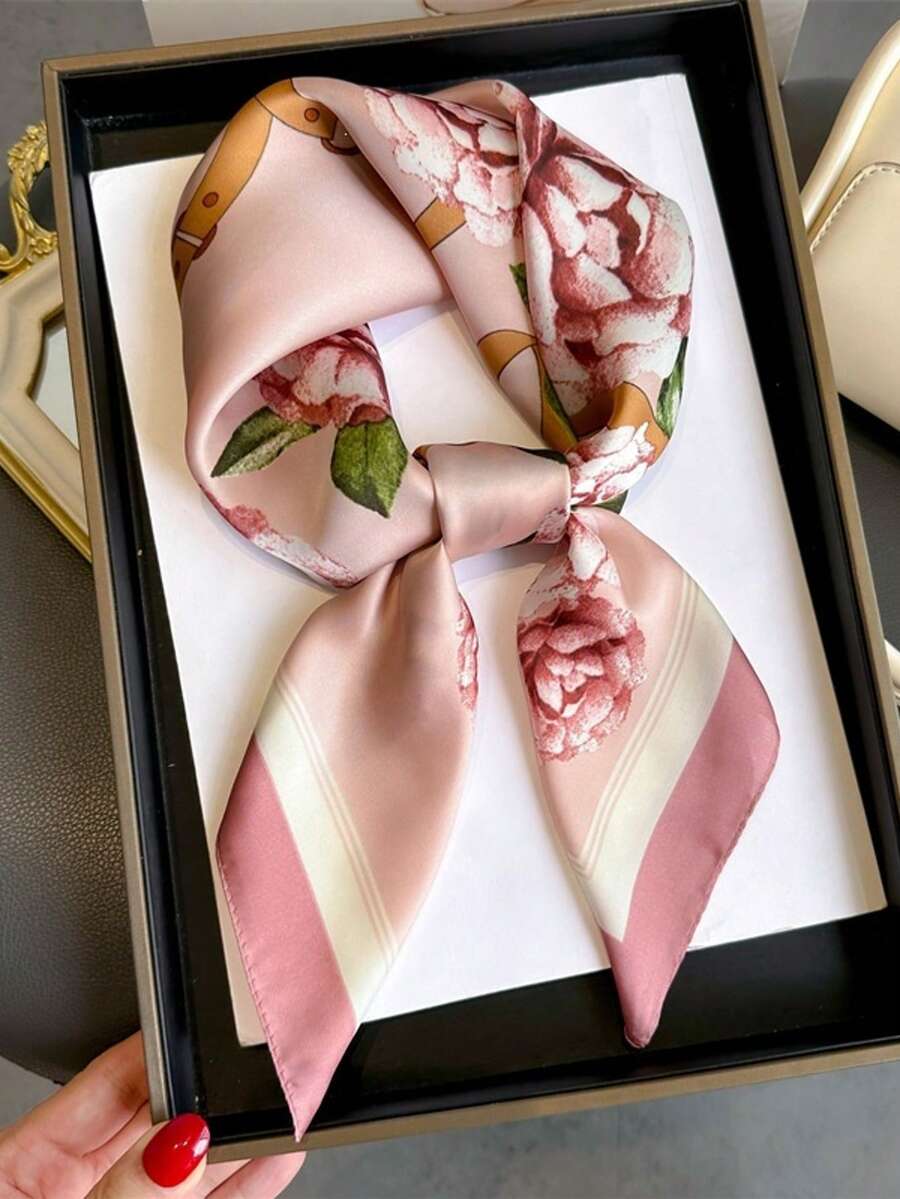 1件花卉印花頭巾,絲綢面料正方形圍巾,頭巾,時尚女款頸巾,適合日常使用 - 彩色 - 查看 1
