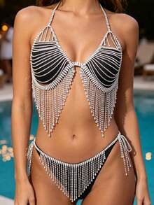 Luxury Sexy Rhinestone Body Chain Bra Accessory Crystal Tassel Dress Body Jewelry For Women Party Nightclub Dress - Silver - View 1