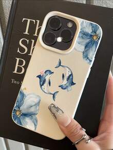 1件 白色啞光極簡鏡頭保護藍色花朵海豚圖案手機殼，適用於 iPhone 16 Pro Max/17/16/15/14 Plus/13/12/11/Air 及系列 - 彩色 - 查看 4