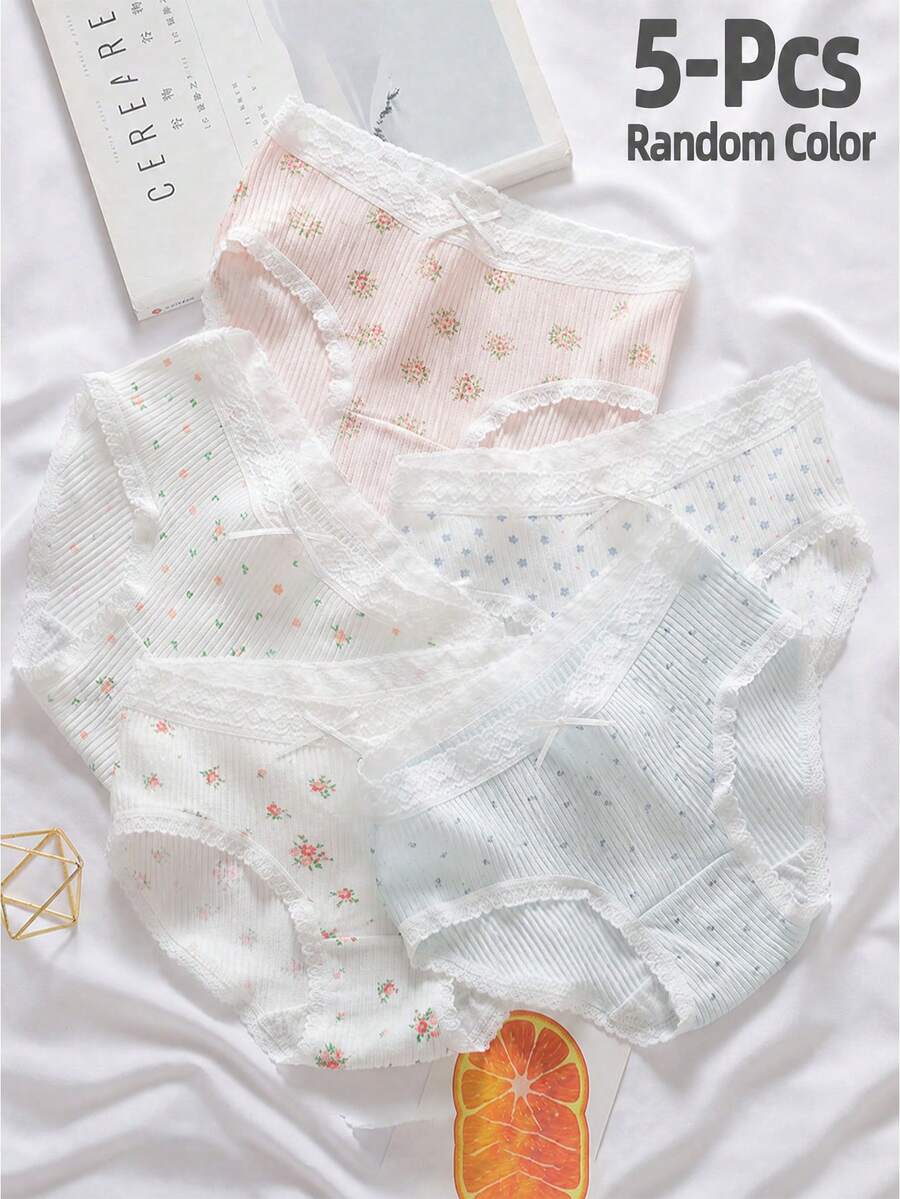 Set 5 buah Celana Dalam Wanita Bergaya Pastoral Manis dan Nyaman dengan Hiasan Renda dan Pita - MultiWarna - View 1