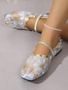 女款花卉刺繡網布穆勒平底鞋，圓頭彈性帶裝飾釘飾，透氣夏季一腳蹬芭蕾舞鞋，適合婚禮與日常穿著 - 彩色 - 查看 4