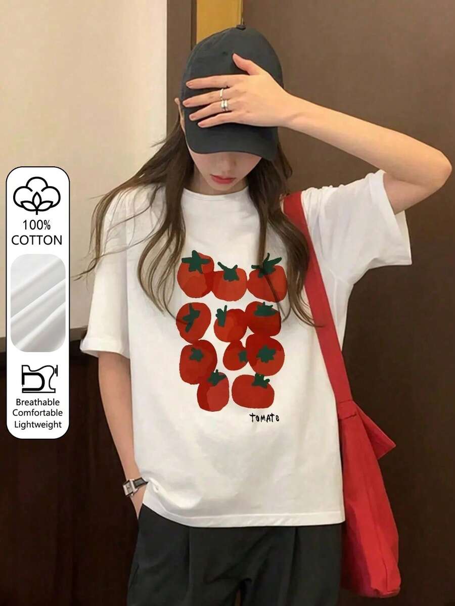 日式女款寬鬆休閒圓領卡通番茄水果印花短袖T恤，春夏白色