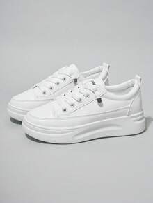 Women's Height-Increasing Solid Color Round Toe Lace-Up Thick Sole Casual Shoes, Minimalist Sporty Style For Daily Commute, Spring/Summer White Sneakers - White - View 2