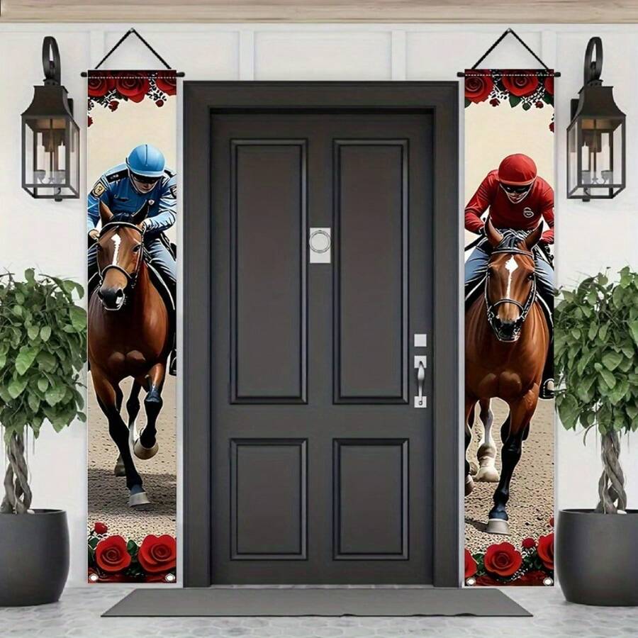 2D 1pc Horse Racing Rose Theme Red Couplet, Galloping Horse Pattern, Suitable For Sports Event Party Decoration, Door Banner, Polyester Fabric - Multicolor - View 1