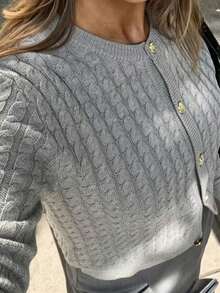Women's Casual Gray Solid Cable Knit Short Sleeve Cardigan, Gold Button Round Neck Cropped Slim Fit Flattering Vintage Commuter Top - Grey - View 5