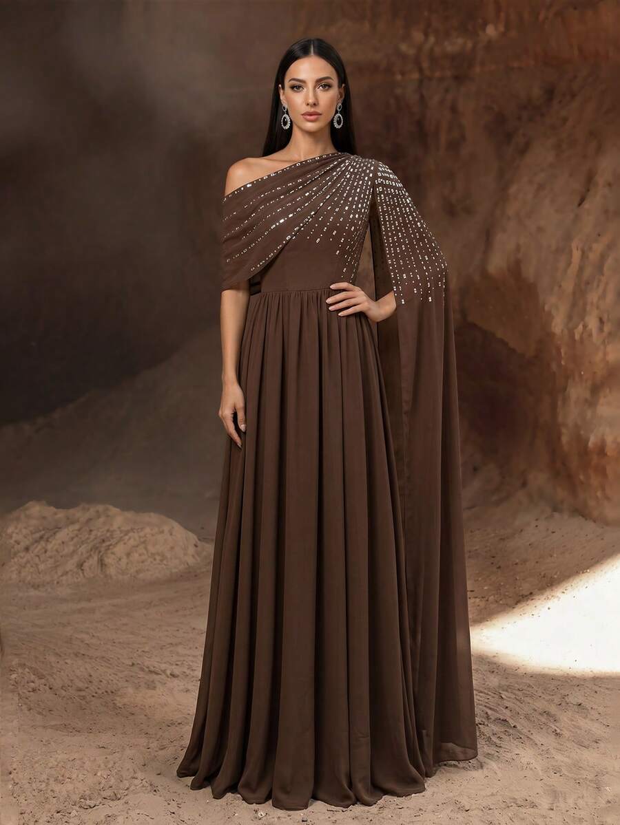 YISIKADO Vestido de noche largo con falda completa de gasa drapeada de un hombro, manga capa con strass brillante, vestido formal fluido hasta el suelo para boda de otoño