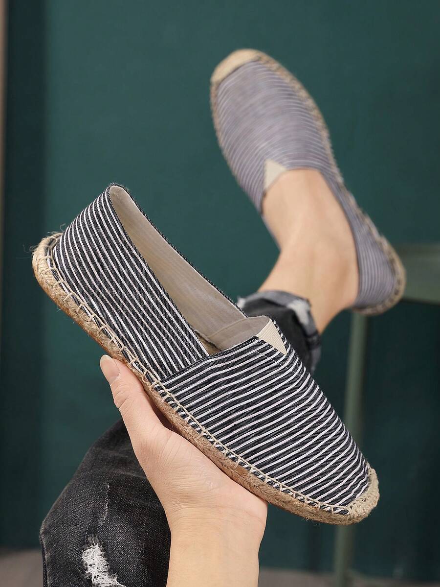 Men's Striped Woven Sole Slip-On Casual Flat Shoes, Breathable Lightweight Summer Fisherman Shoes - Black - View 1