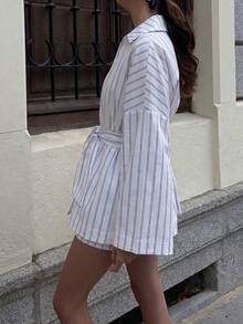 ELVA 女款春夏白色與黑色條紋印花領口寬袖收腰襯衫，修身顯瘦，亦適合冬季穿著 - 白色 - 查看 5