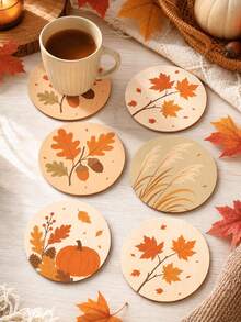 1/4/8pcs Minimalist Autumn Plant Wooden Coaster Set, Maple Leaf Acorn Pumpkin Reed Round Drink Coasters, Heat-Resistant Tabletop Protector, Autumn Home Kitchen Decor, Thanksgiving Tabletop Decoration And Housewarming Gift - Autumn Plants - View 6